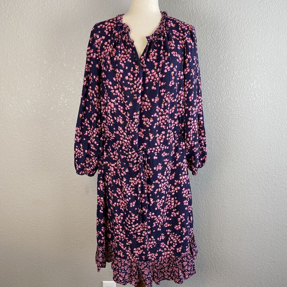 Draper James Women Dress 2X Plus Lucinda Popover Navy Cherry Blossom Long Sleeve